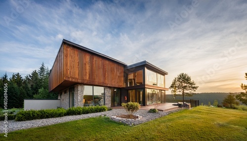 Wallpaper Mural modern house with large windows and wooden siding Torontodigital.ca