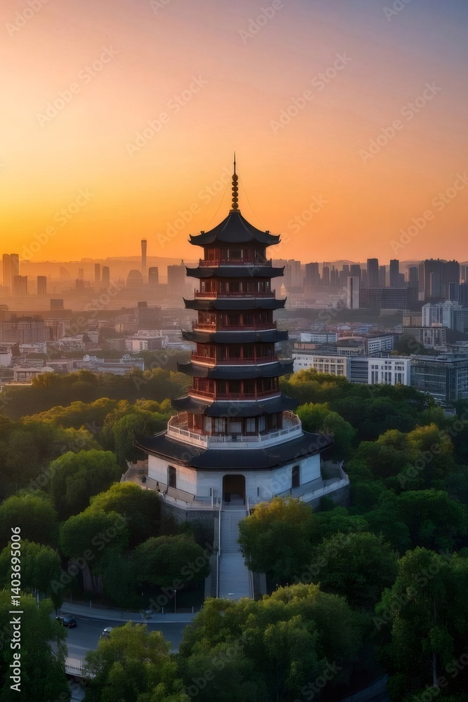 Ancient Chinese Pagoda Structure on Lush Green Hillside at Sunset Under Orange Sky with Cityscape in Background Ancient Chinese Pagoda Structure on Lush Green Hillside at Sunset Under Orange Sky with Cityscape in Background