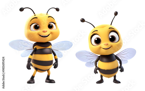 3d rendering cute bee cartoon characters isolated on transparent background, PNG file 