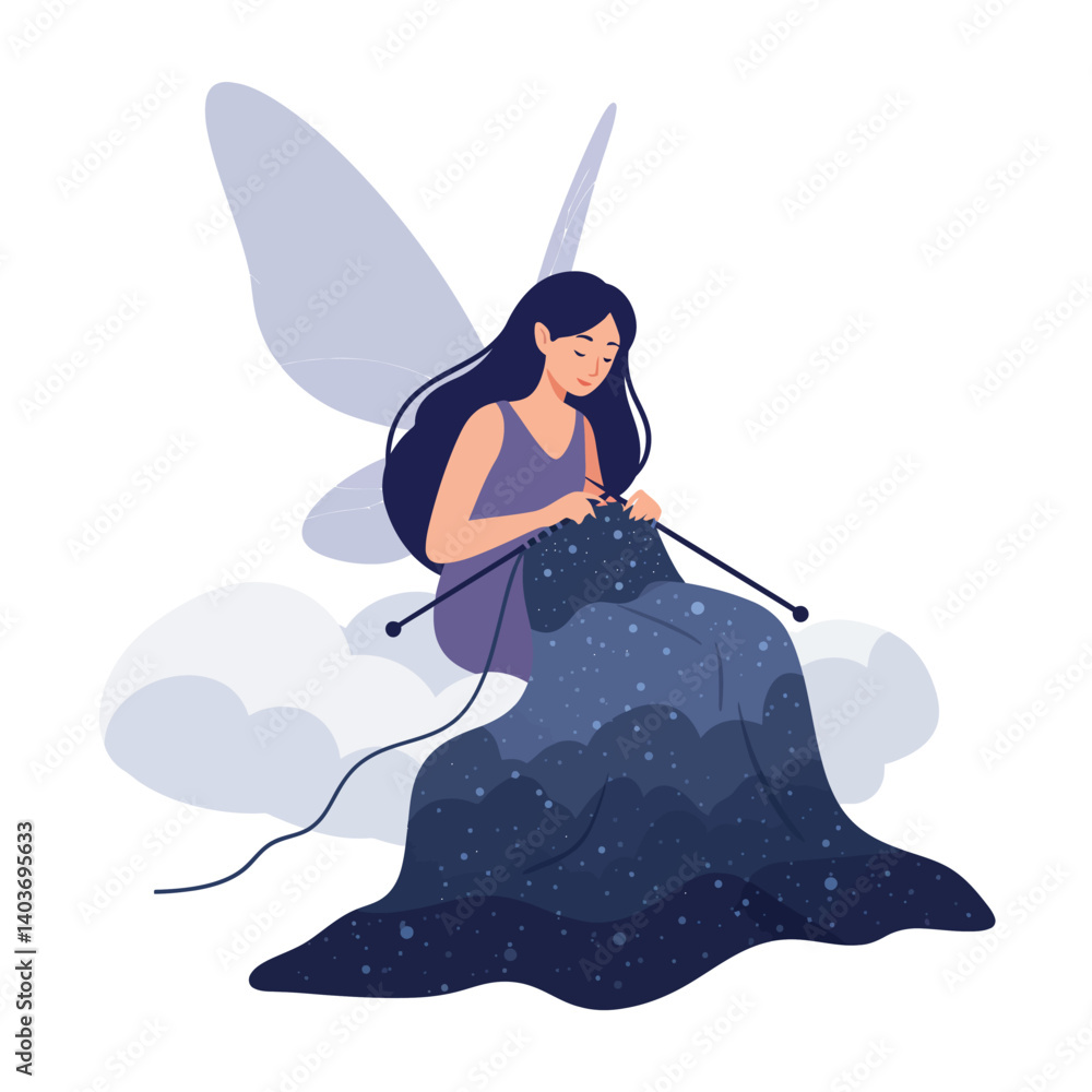 Fairy knitting on clouds in detailed flat vector art illustration Fairy knitting on clouds in detailed flat vector art illustration