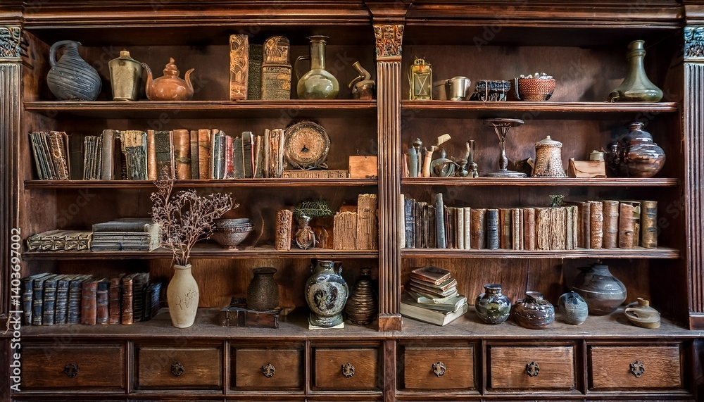rustic wooden bookshelf with unique shelves filled with vintage books old vases and different antiques creating a nostalgic feel rustic wooden bookshelf with unique shelves filled with vintage books old vases and different antiques creating a nostalgic feel