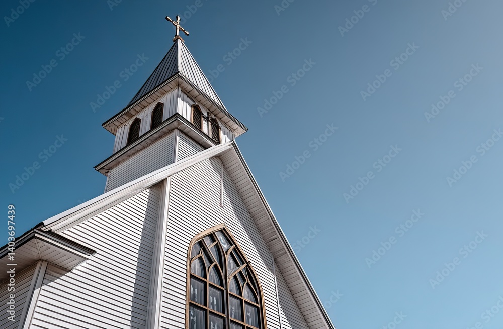 Fototapeta premium White Church Steeple Against Clear Blue Sky. AI generated image