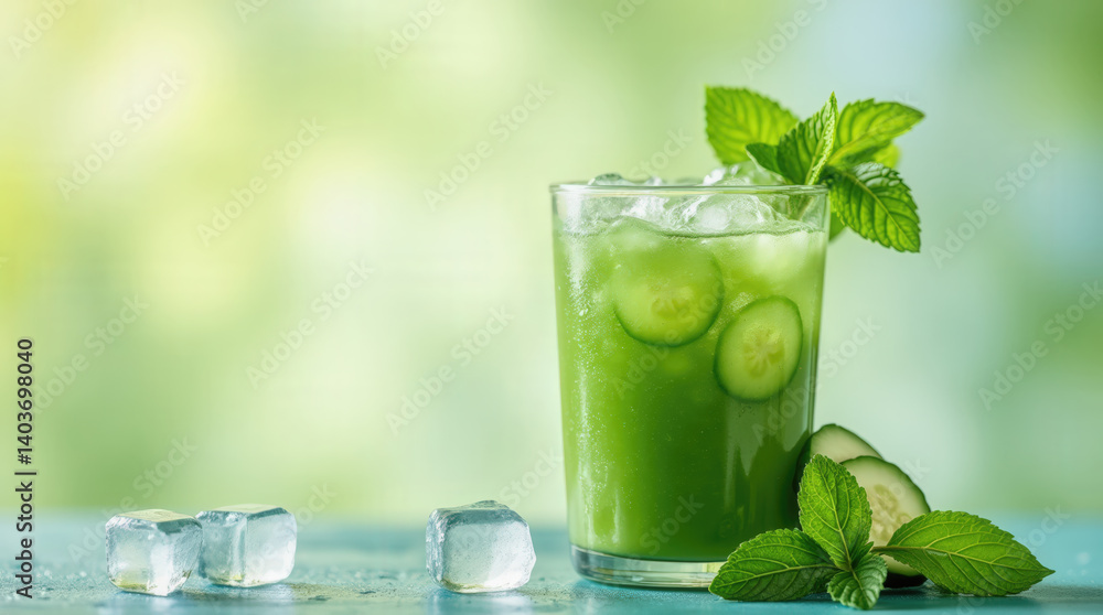 A refreshing drink made with cucumber and mint sits in a glass filled with ice cubes. The vibrant green background suggests a warm and inviting atmosphere, perfect for summer A refreshing drink made with cucumber and mint sits in a glass filled with ice cubes. The vibrant green background suggests a warm and inviting atmosphere, perfect for summer