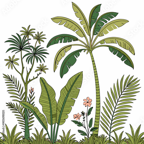 Tropical vintage botanical palm trees, banana tree, green plants floral seamless border white background. vector