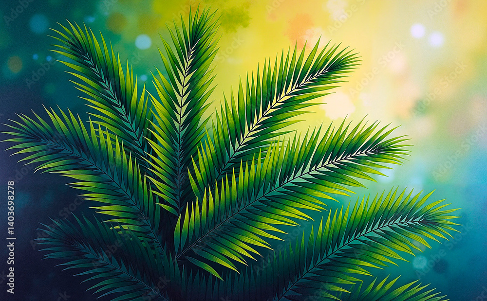 Fototapeta premium Watercolor palm branch illustration with golden highlights for Lulav, serene background
