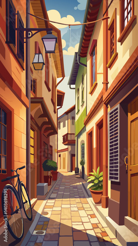 A street scene with a bicycle leaning against a tree and a lamp hanging from a building. The scene is set in a narrow alleyway with a cobblestone street. The atmosphere is cozy and quaint