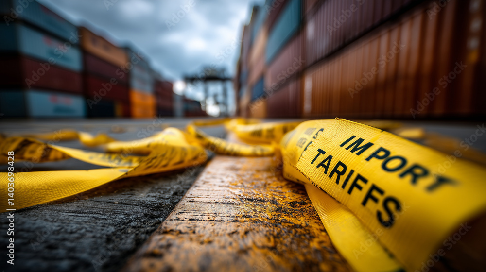Yellow warning tape across container harbor ground, signaling international trade tensions and economic barriers through tariffs