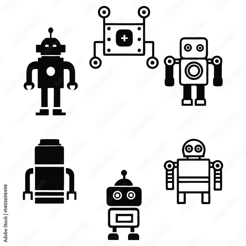 Robot icons set vector illustration with cartoon design symbols