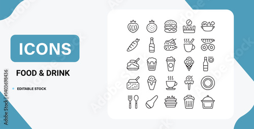 Food and Drink hand-drawn Editable Icons set