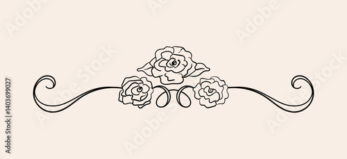 Hand drawn whimsical border with roses. Vector illustration in vintage sketch style. Elegant decorative quirky element for holiday designs