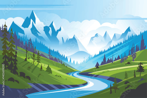 Mountain Aerial view of trees and river landscape with winding trails, pine forests, and river through the valley Illustrator Artwork