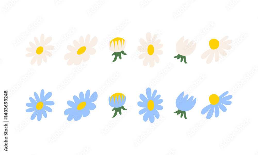 Obraz premium Set of various flower elements. Floral vector flat illustration. Chamomile daisy flower buds and petals. Botanical hand drawn spring clipart 
