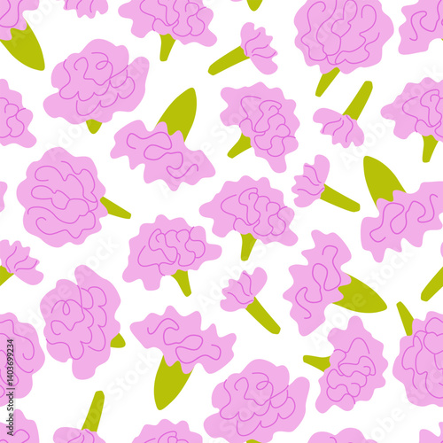 Botanical seamless pattern with carnation flower buds. Vector flat background. Pink abstract roses. Floral wallpaper for textile, fabric design, fashion and other surfaces