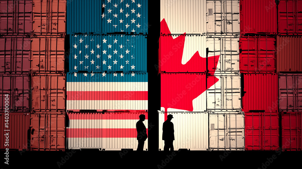 Business silhouettes discussing near cargo containers, US and Canadian flags symbolizing international trade negotiation tensions