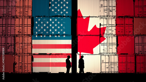 Obraz na płótnie Business silhouettes discussing near cargo containers, US and Canadian flags symbolizing international trade negotiation tensions w salonie