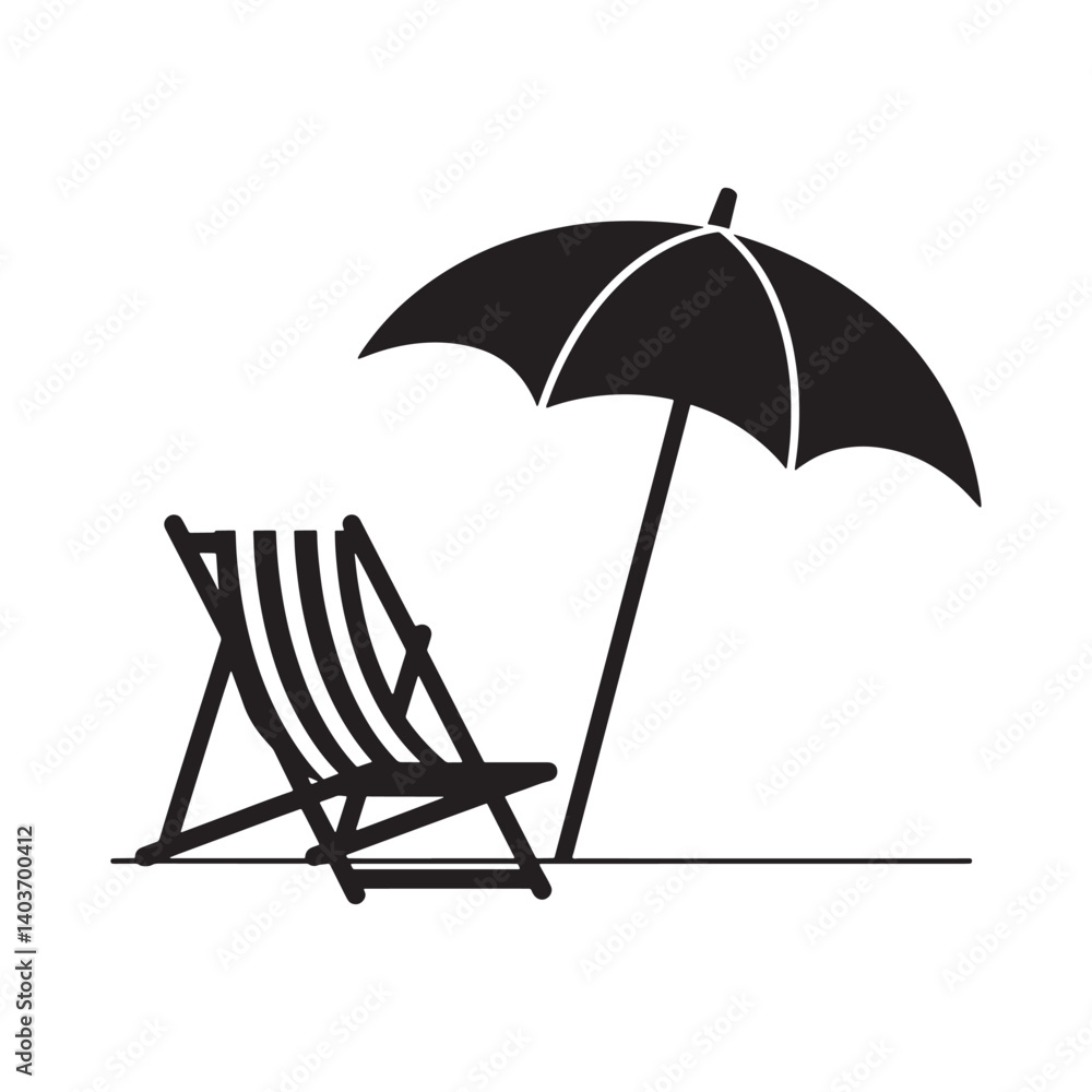 Silhouette of Tropical Beach scene with umbrella and chair on white background, perfect for summer relaxation Silhouette of Tropical Beach scene with umbrella and chair on white background, perfect for summer relaxation
