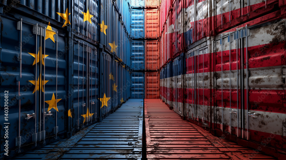 Shipping containers with United States and European Union flags showing trade war, tariffs, barriers, import and export concept