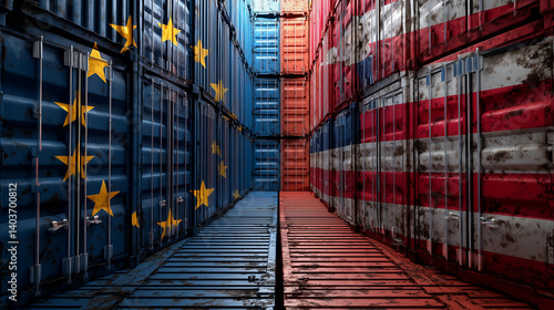Obraz na płótnie Shipping containers with United States and European Union flags showing trade war, tariffs, barriers, import and export concept w salonie