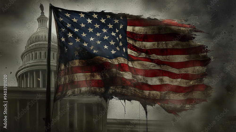 Weathered american flag fluttering against stormy sky, US Capitol building looming behind worn patriotic banner