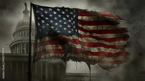 Obraz na płótnie Weathered american flag fluttering against stormy sky, US Capitol building looming behind worn patriotic banner w salonie