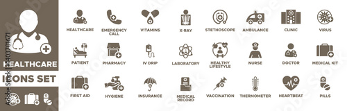 Healthcare icon set. Collection of nurse, IV drip, ambulance, doctor, first aid, vaccination, pills, medical record, insurance, lab, pharmacy, paient, . Vector illustration. solid icons pack. eps file