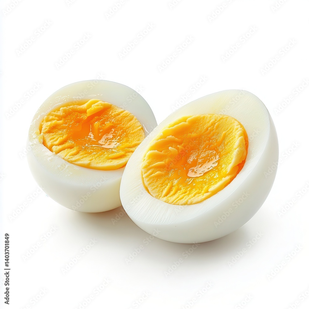 Two halves of a hard-boiled egg, showcasing the yolk and white Two halves of a hard-boiled egg, showcasing the yolk and white