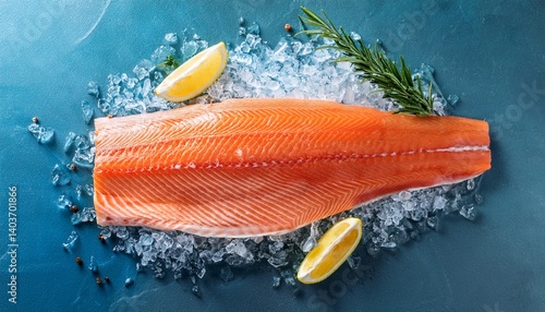 fresh coho salmon fillet with lemon rosemary and spices on ice fish cooking recipe on a gray stone background