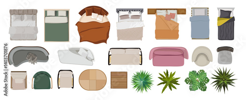 Set of different furniture interior design element top view. Colorful flat vector illustrations isolated 