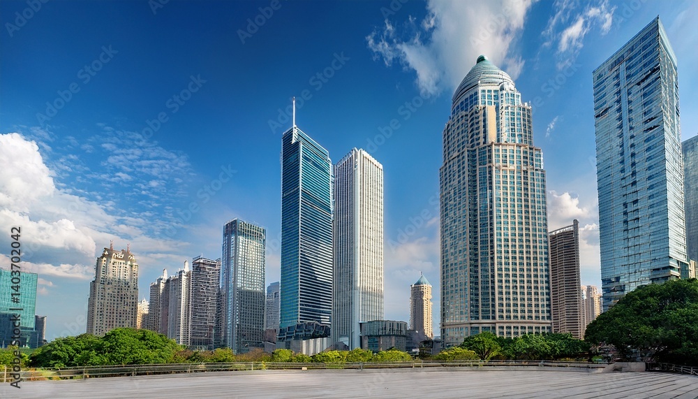Fototapeta premium skyline showing several prominent buildings and hotels under a blue sky