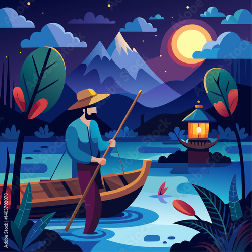 A man is rowing a boat in a lake at night. The sky is dark and cloudy, and the moon is visible in the distance. The man is wearing a hat and he is enjoying the peacefulness of the night