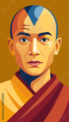 A man with a shaved head and a beard is wearing a yellow robe. He has a serious expression on his face