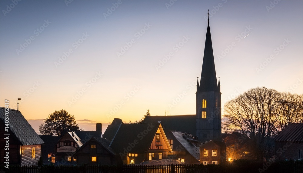 Fototapeta premium a village skyline at dusk shows dark house silhouettes with warmly glowing windows and a tall church steeple against a white sky