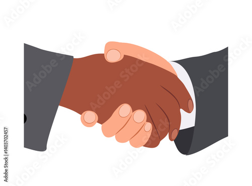 Multiracial Business partners shaking hands for cooperation, partnership, greeting, respect, trust. International agreement deal. Handshake icon. Flat vector illustration isolated on white background.