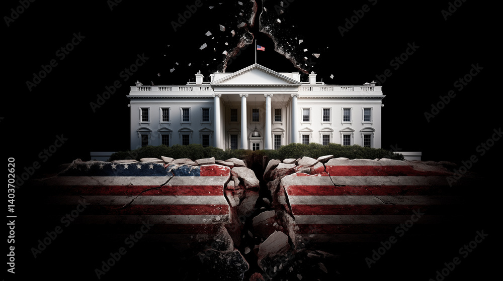 White House deteriorating, fracturing American flag symbolizing national political discord