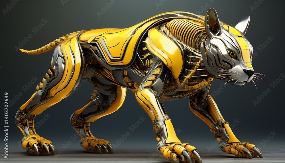 Fototapeta premium futuristic robotic animal in dynamic pose with yellow stripes