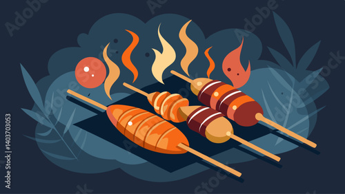 Three skewers of food are on a black background. The skewers are covered in sauce and are being cooked on a grill. Scene is warm and inviting, as it depicts a delicious meal being prepared