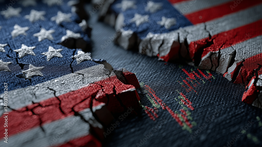 Fractured American flag exposing financial data, symbolizing economic instability and market vulnerability