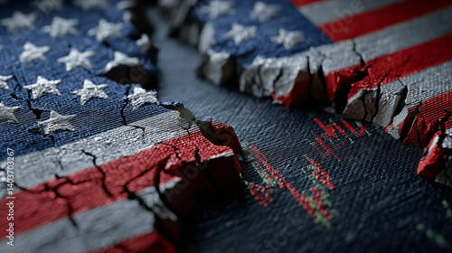 Obraz na płótnie Fractured American flag exposing financial data, symbolizing economic instability and market vulnerability w salonie
