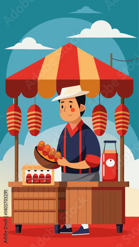 A man is standing behind a food cart with a red and yellow awning. He is wearing a red hat and a white shirt. The cart is filled with various food items, including a large number of donuts