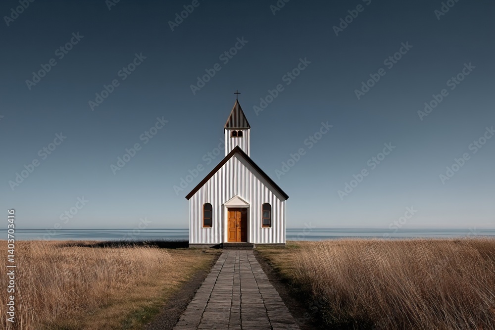 Small White Church in the Countryside. AI generated image Small White Church in the Countryside. AI generated image