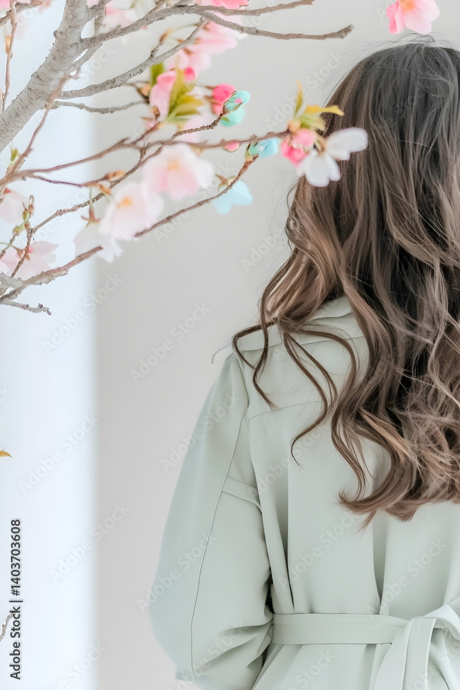 Naklejka premium Woman with long wavy hair in a light coat standing near blooming cherry blossoms in soft pastel light