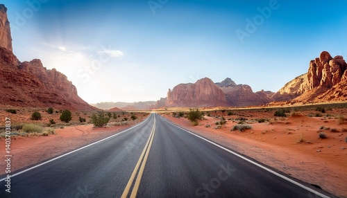 point of view shot of driving through a scenic desert road with towering red rocks and mountain views capturing the essence of adventure and exploration
