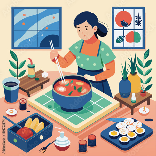 A woman is cooking in a kitchen with a bowl of soup on the table. She is using chopsticks to eat the soup. The kitchen is decorated with plants and has a variety of food items on the table