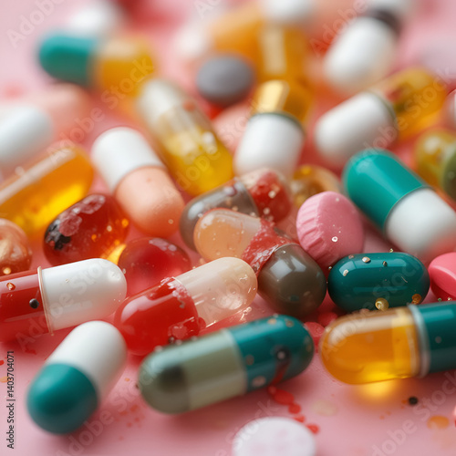 Close up of pills. Dietary supplements. Variety pills. Vitamin capsules on pink background