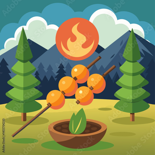 A stick is used to cook food over a fire. The food is on a skewer and is being cooked over a fire