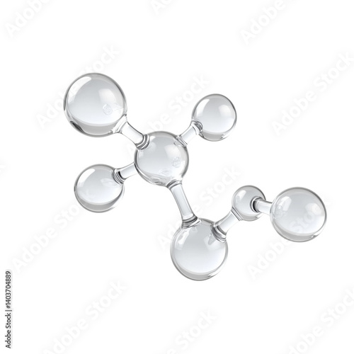 A close-up of a molecule structure with clear, transparent spheres and rods connected, evoking a sense of interconnectedness and scientific exploration. The image is clean and minimalist.