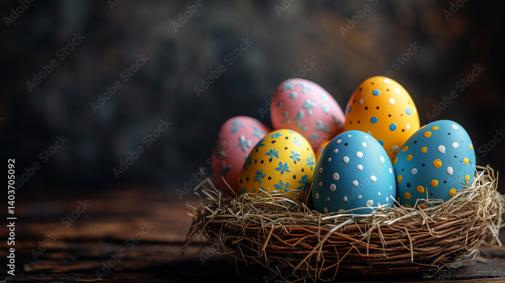 Colorful painted easter eggs in a basket and nest are a traditional spring holiday decoration Colorful painted easter eggs in a basket and nest are a traditional spring holiday decoration
