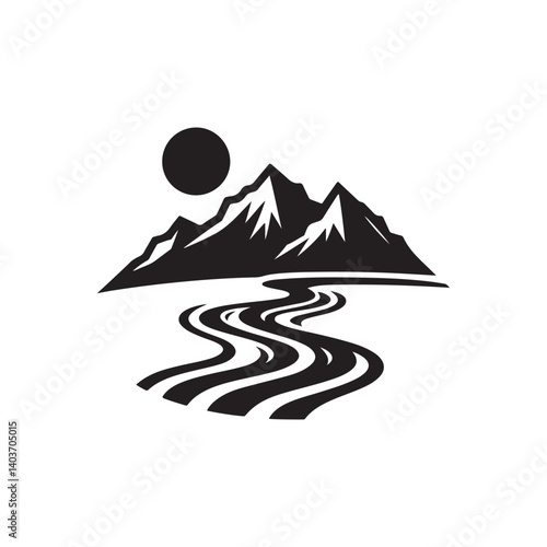 river mountain vector silhouette line art logo idea