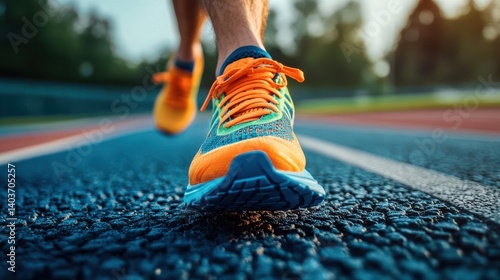 Close-up of vibrant running shoes on a track.