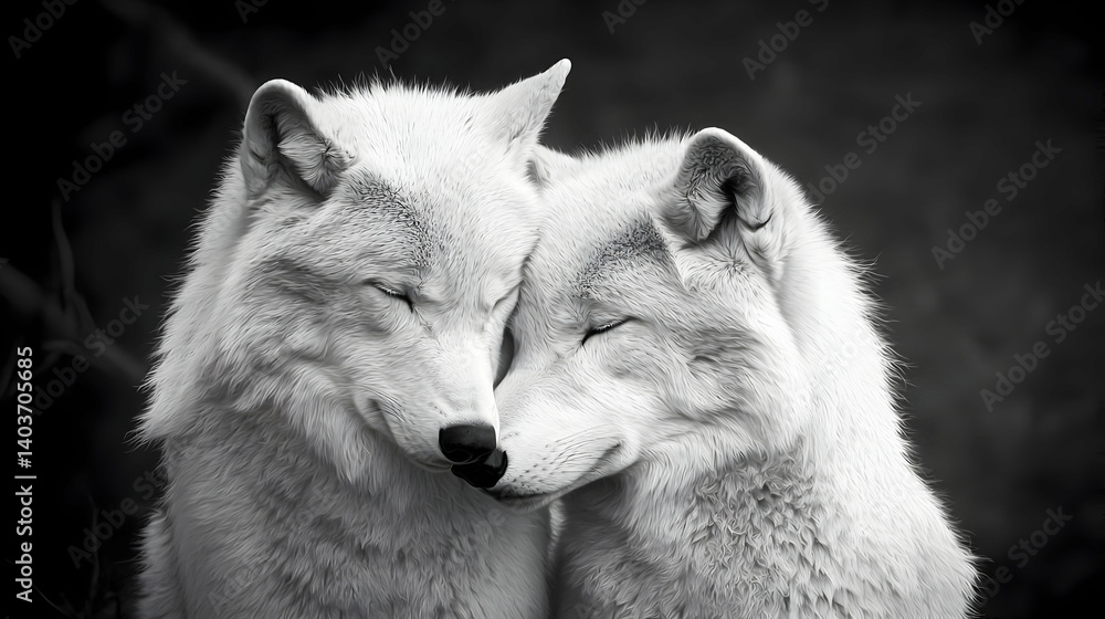 Obraz premium Two White Wolves Close Up Intimate Portrait